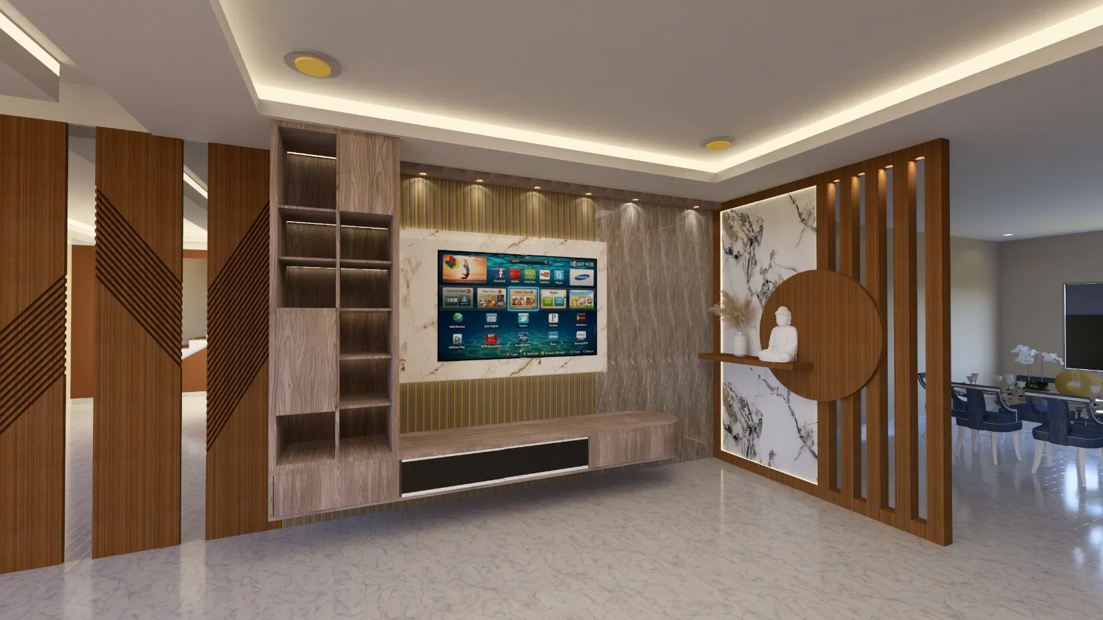 Interior design visualisation showing a custom TV wall and integrated staircase treatment
