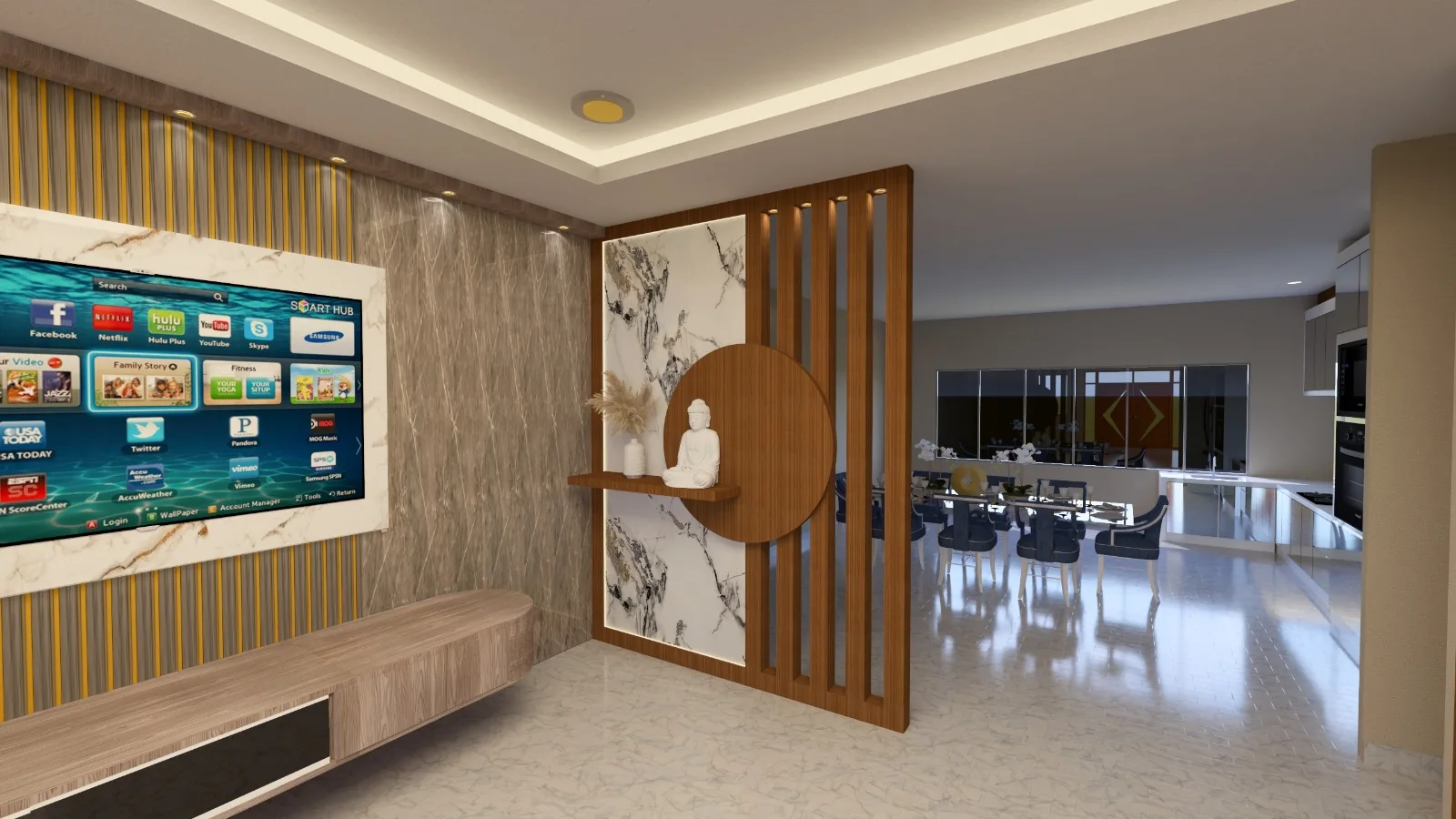 3D interior design concept for a living space and TV feature wall